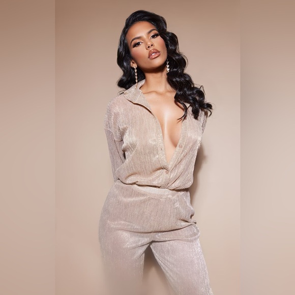 NUDE SHEER FOIL PLISSE WIDE LEG PANTS + NUDE SHEER FOIL PLISSE OVERSIZED SHIRT - Picture 3 of 6